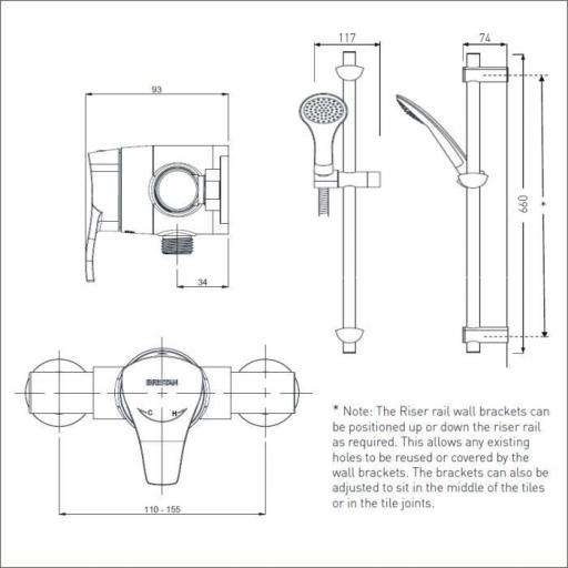 Bristan Capri Thermostatic Exposed Single Control Mini valve With Adjustable Riser Kit And Single Function Handset